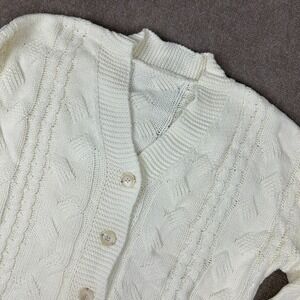 Commense Cardigan Sweater Womens Small White Cable Knit Ribbed Trim Cozy Winter